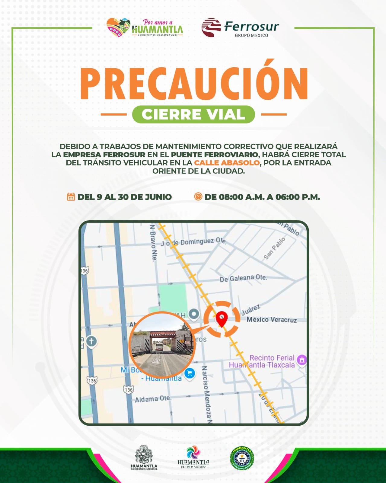 Gobierno de Huamantla implementará operativo especial de vialidad en Abasolo Oriente por obras ferroviarias